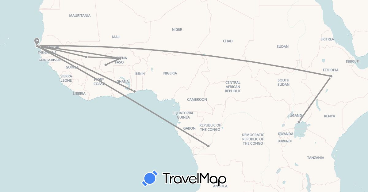 TravelMap itinerary: driving, plane in Burkina Faso, Democratic Republic of the Congo, Ethiopia, Mali, Senegal, Togo, Uganda (Africa)